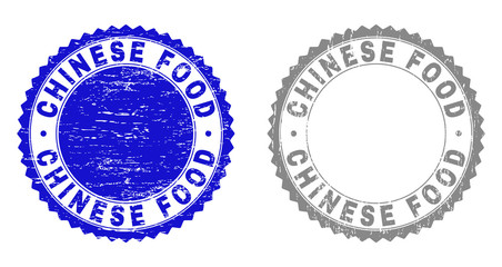 Grunge CHINESE FOOD stamp seals isolated on a white background. Rosette seals with grunge texture in blue and grey colors. Vector rubber overlay of CHINESE FOOD caption inside round rosette.