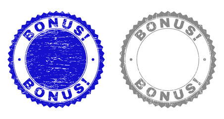 Grunge BONUS! stamp seals isolated on a white background. Rosette seals with grunge texture in blue and grey colors. Vector rubber imitation of BONUS! label inside round rosette.