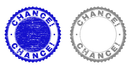 Grunge CHANCE! stamp seals isolated on a white background. Rosette seals with distress texture in blue and grey colors. Vector rubber imprint of CHANCE! title inside round rosette.