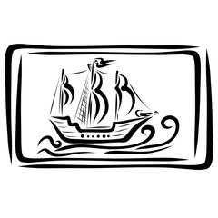 wall painting depicting an old ship, black pattern