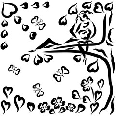 Loving couple in the garden on a tree branch and nature from hearts