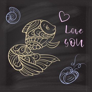 Vector doodle cute fish and seashells illustration on a chalkboard background