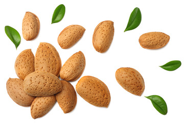 almonds with green leaves isolated on white background. top view.
