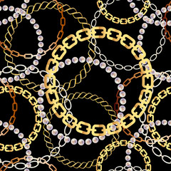Fashion Seamless Pattern with Golden Chains. Fabric Design Background with Chain, Metallic accessories. Luxurious linear print with fashion accessories.