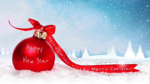 Merry Christmas Happy New Year Ornament in Snow 4K features a red Christmas ornament sitting in snow that says Merry Christmas Happy New year on it with snow falling and white and blue vector pines in