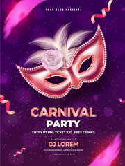 Carnival party template or flyer design with realistic mask on purple background.