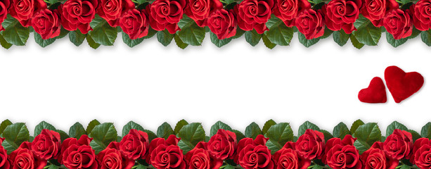 Banner with red roses, Valentines hearts and place for your text isolated on white background