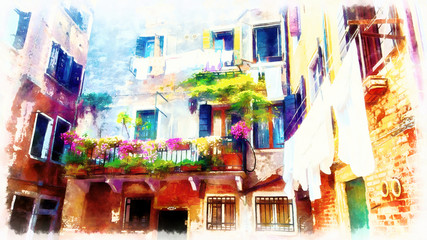 Fototapeta na wymiar venetian scenery with balconies with flowers and drying clothes, Computer painting.