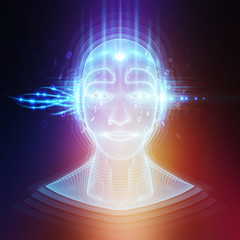 Robot cyborg man head artificial intelligence learning 3D rendering