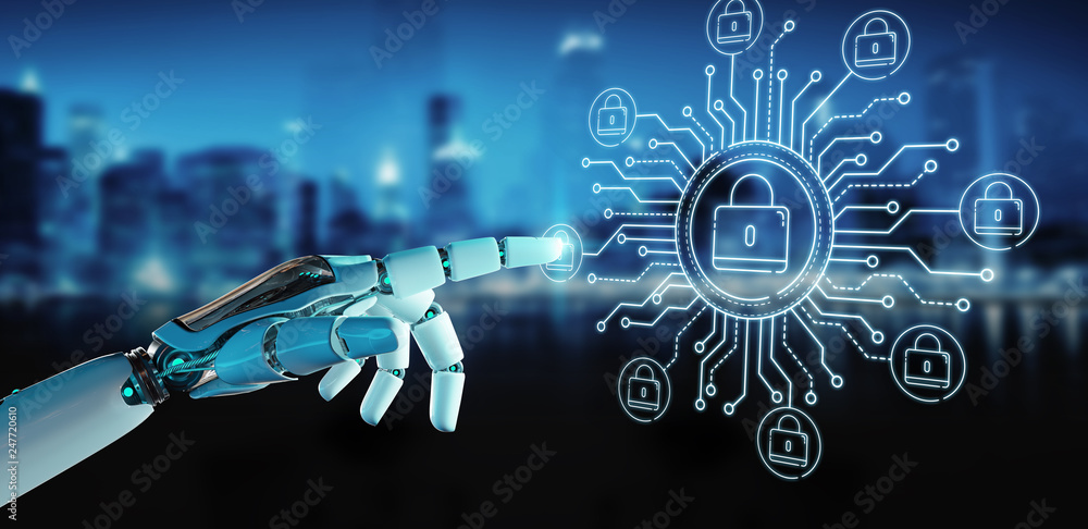 Poster white robot on blurred background hacking and accessing private cyber datas