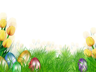 Nature view background decorated with tulip flowers and realistic easter eggs.