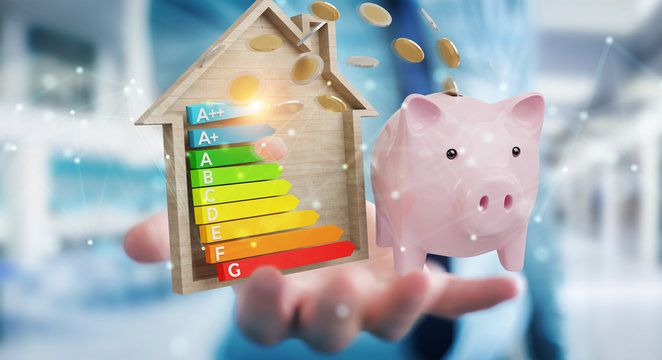 Businessman saving money with good energy chart rating 3D rendering