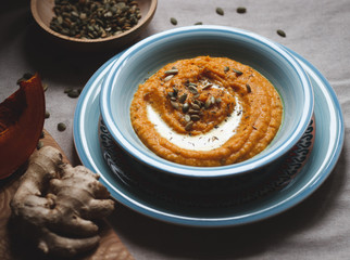 Pumpkin soup with  pumpkin seeds and ginger