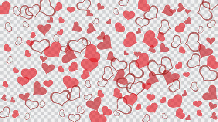 Red hearts of confetti are flying. The idea of wallpaper design, textiles, packaging, printing, holiday invitation for Valentine's Day. Festive background. Red on Transparent background Vector.