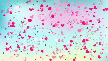 Festive background. A sample of wallpaper design, textiles, packaging, printing, holiday invitation for Valentine's Day. Red on Ggradient background Vector. Red hearts of confetti crumbled.