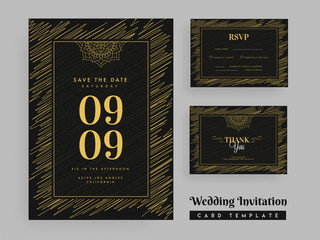 Scribble pattern wedding invitation template design with marriage invite, rsvp and thank you card for save the date concept.