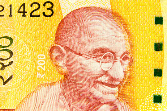 Portrait of Mahatma Gandhi on Indian bill 200 rupees.