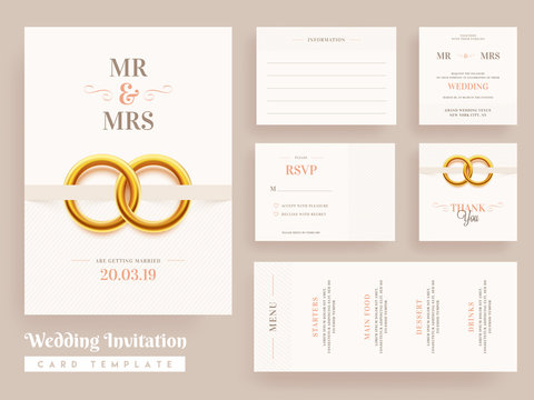 Wedding Invitation card template design with wedding invite, menu, rsvp and thank you for save the date concept.
