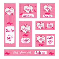 Happy Valentine's Day sale header and banner set with 50% discount offer and decorative heart shapes.