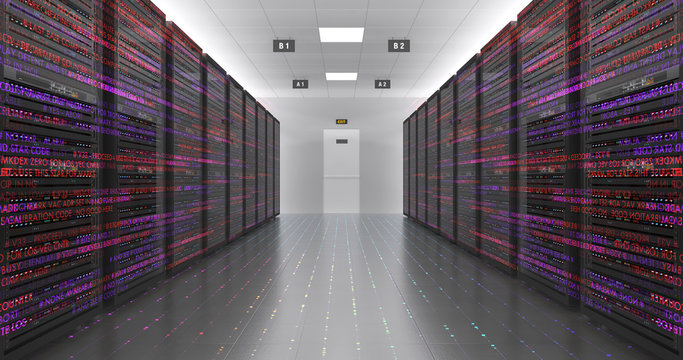Modern Server Room Environment. Computer Racks All Around With Flying Texts. Technology Related 4K 3D Render.