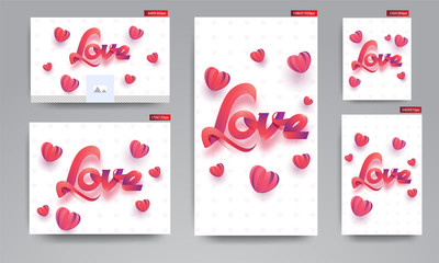 Stylish lettering of love with paper origami of heart shapes on white background for Valentine's Day header and poster set.