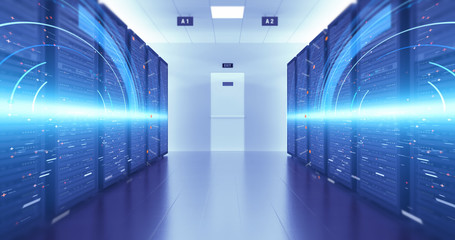 Modern Server Room Environment. Computer Racks All Around With Motion Graphics. Technology Related 4K 3D Render.