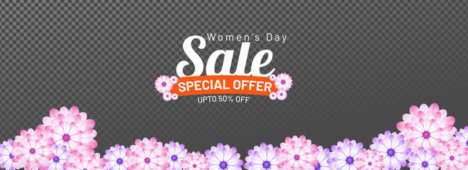 Website header or banner design with 50% discount offer and decorative flowers for Happy Women's Day celebration with.