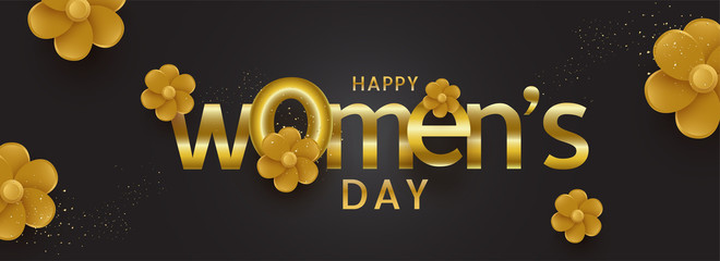 Typography of text happy women's day decorated with brown paper cut flowers on black background.