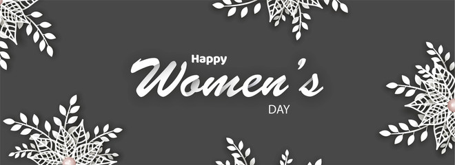 Fototapeta na wymiar Lace pattern flower decorated on gray background for Women's Day celebration header or banner design.