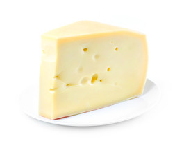 piece of Swiss cheese on white plate on white background