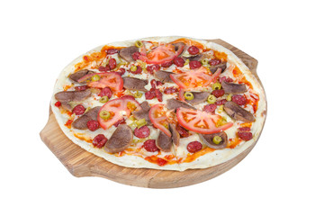 Sicilian pizza on a round cutting board isolated on white background