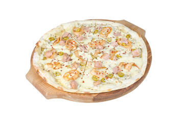 Marinara pizza on a round cutting board isolated on white background