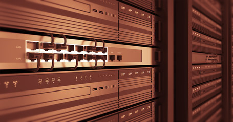 Close Up Server Racks In a Modern Data Center. Computer Racks All Around With Flying. Technology Related 4K 3D Render.