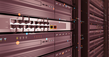 Close Up Modern Server Room Environment. Computer Racks All Around With Flying Texts. Technology Related 4K Cg Render.