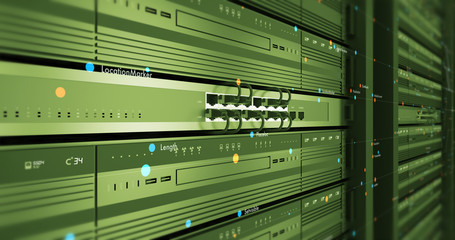 Close Up Modern Server Room Environment. Computer Racks All Around With Flying Texts. Technology Related 4K Cg Render.