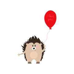Cute hedgehog holds a balloon in his paws, which says