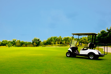 Golf cart car in fairway of golf course with fresh green grass field and cloud blue sky and tree - 247725430