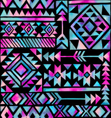 Hand painted watercolor tribal motif seamless pattern on black background. Geometric repetitve native pattern.