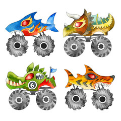 Hand painted watercolor cute monster car set on white background.