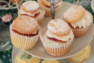 Tasty cupcakes on stand for party.