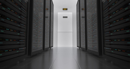 Server Racks In a Modern Data Center. Computer Racks All Around. Technology Related 4K Cg Render.
