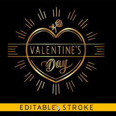 Golden heart. Valentines day icon. Gold icon on black background. Easy changing vector with editable strokes.