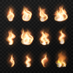Collection of glowing fire flames, isolated on transparent background. Set of vector effects