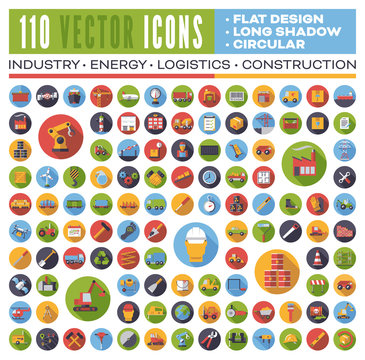 Set of 110 flat design long shadow round vector icons for web, print, apps, interface design: industry, energy, construction, logistics and transport