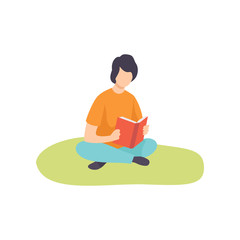 Young man Sitting on Grass with Crossed Legs and Reading Book, Guy Relaxing on Nature Vector Illustration