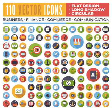 Set Of 110 Flat Design Long Shadow Round Vector Icons For Web, Print, Apps, Interface Design: Business, Finance, Shopping, Communication, Computer, Media. 