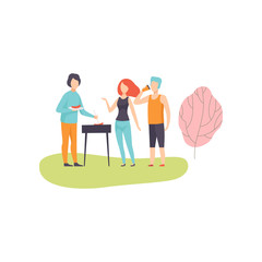 People Having BBQ Picnic on Nature, Friends Eating and Cooking Meat on Barbecue Grill Vector Illustration