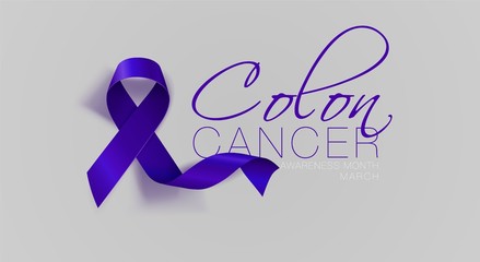 Colon Cancer Awareness Calligraphy Poster Design. Realistic Dark Blue Ribbon. March is Cancer Awareness Month. Vector