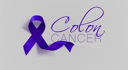Obraz premium Colon Cancer Awareness Calligraphy Poster Design. Realistic Dark Blue Ribbon. March is Cancer Awareness Month. Vector
