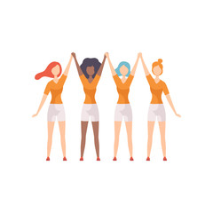 Young Women of Different Nationalities Standing with Raised Hands, Girls Advocating for Gender Equality, Freedom, Civil Rights, Independence Vector Illustration